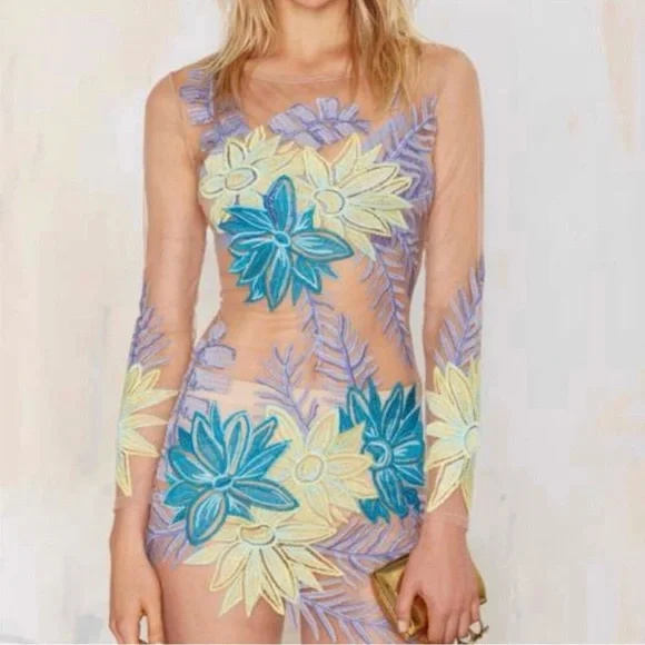 Nasty Gal x For Love & Lemons Tropicana Embroidered Mesh Sheer Mini Dress - Picture 2 of 16